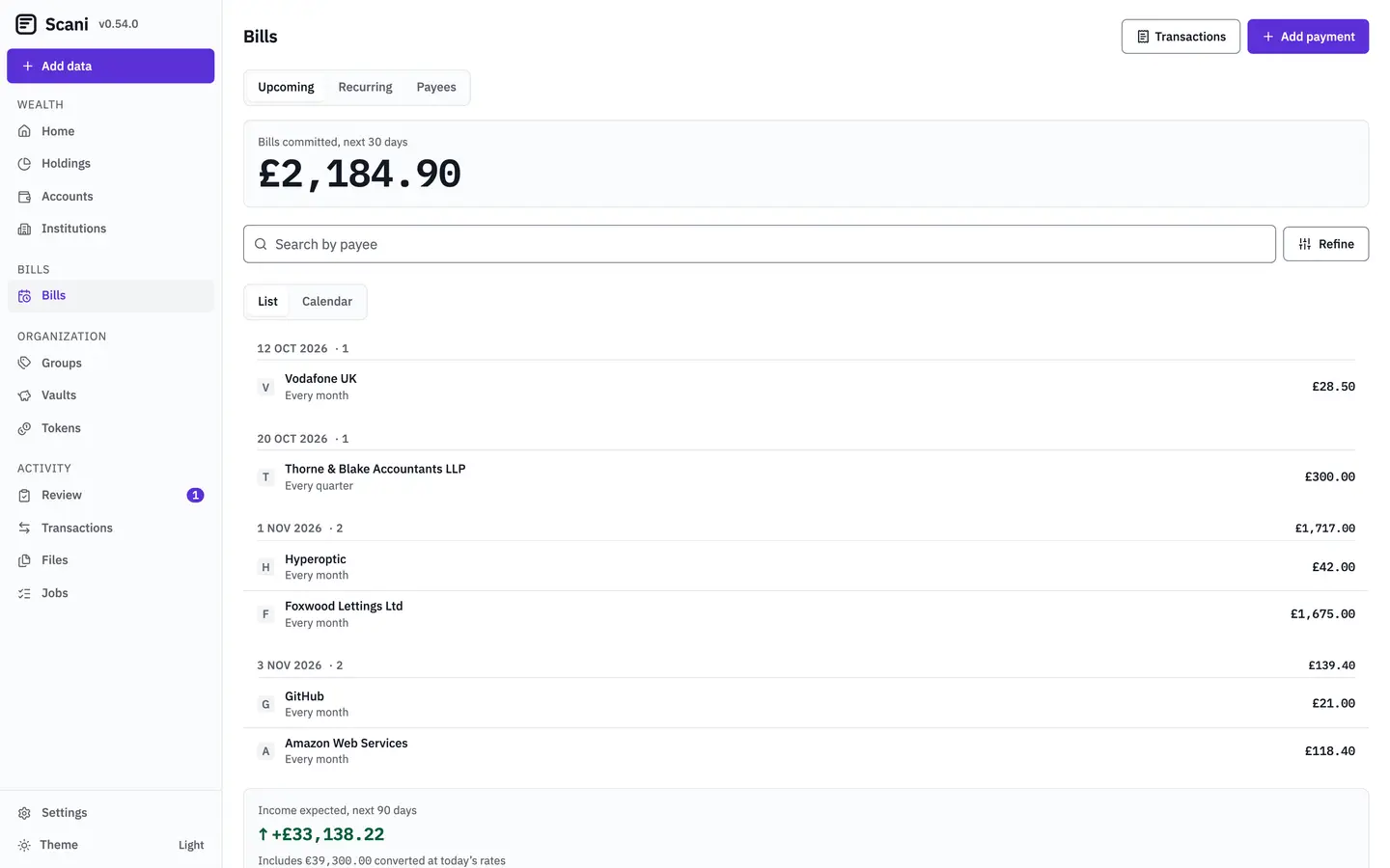 The Scani Bills screen: bills committed over the next 30 days above a feed of recurring payments grouped by due date, with an expected-income block below it.